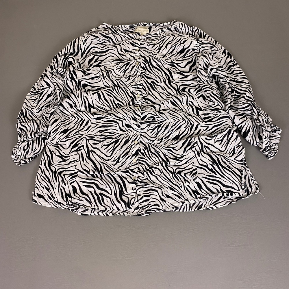 Cynthia Rowley 100% Linen‎ Blouse Shirt 2X Zebra Print Button Front Black White